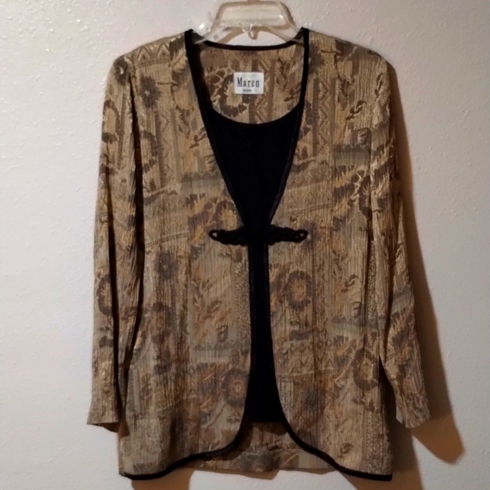 Maren petite vintage size small gold tan and black faux front long sleeve top
